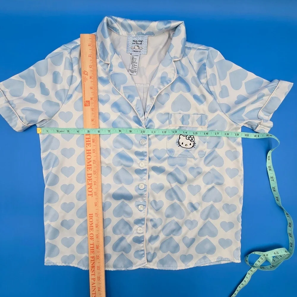 Forever 21 Hello Kitty Sanrio Satin Pajama Set Blue Heart‎ Shorts Top Womens S